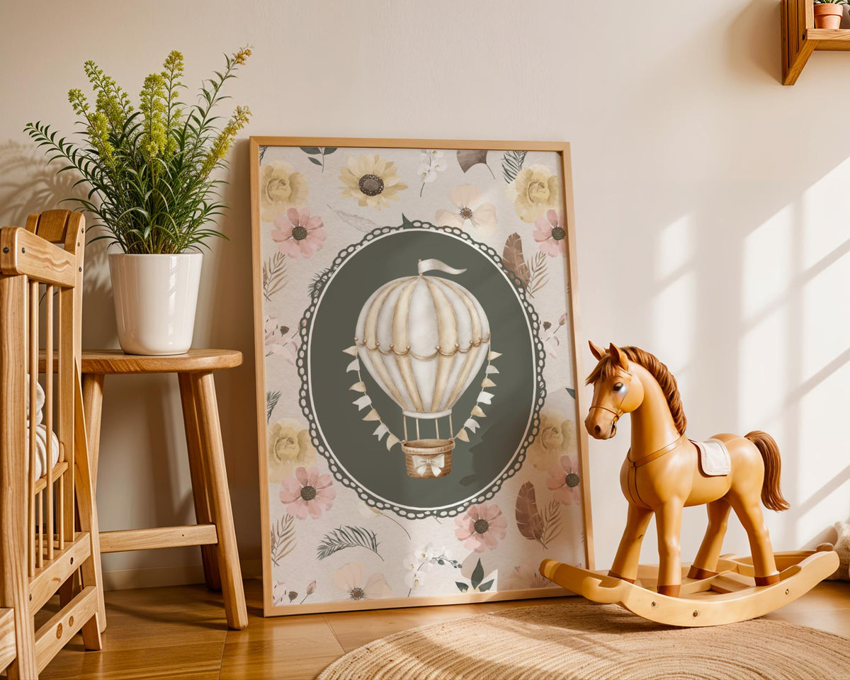 Hot Air Balloon Nursery Print - Vintage Wildflower Wall Art