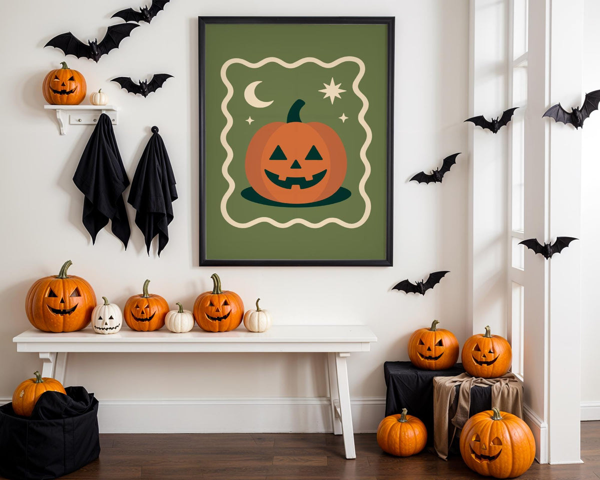 Halloween Pumpkin Print - Retro Jack O'Lantern Wall Art
