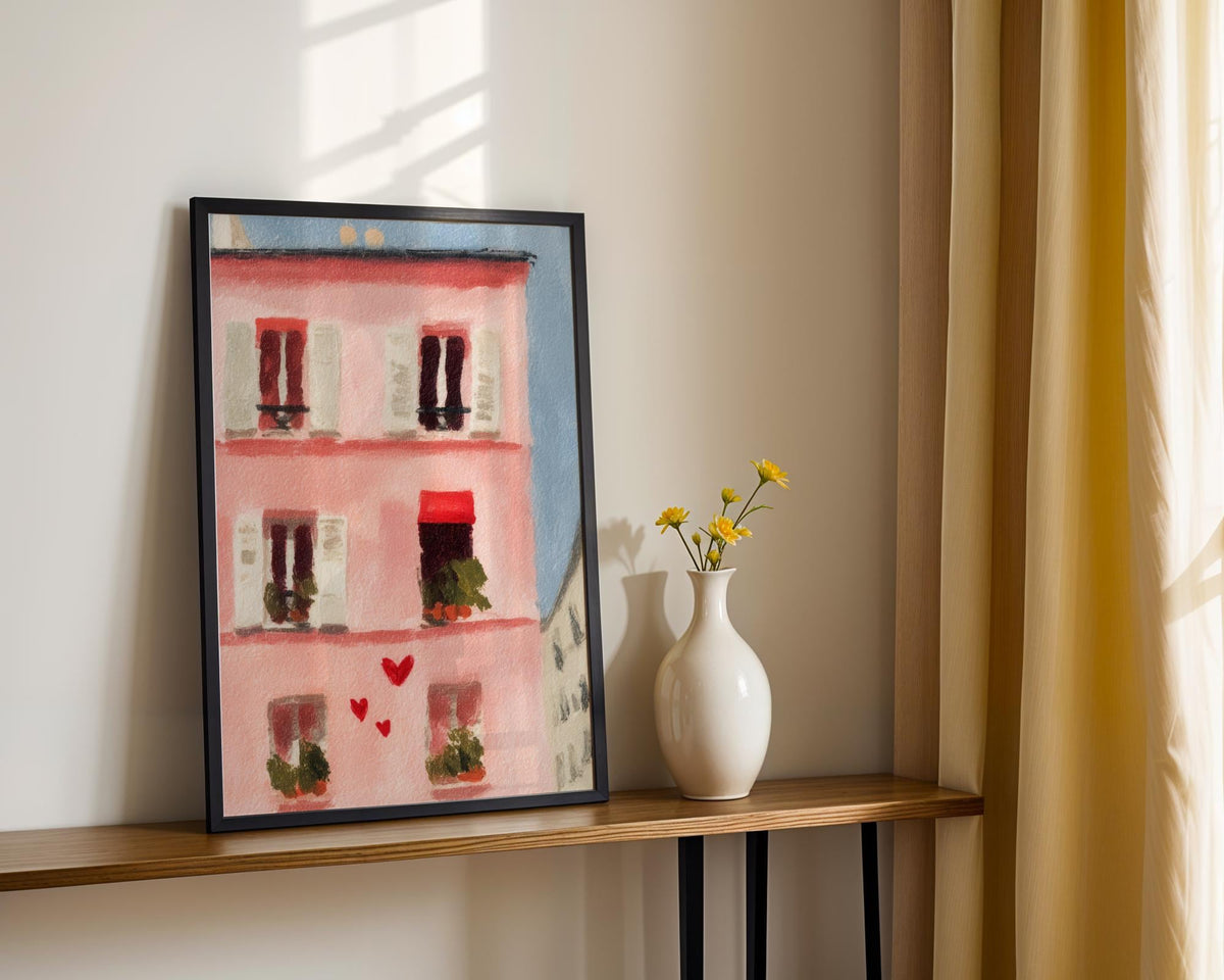 Parisian Apartment Art Print - Romantic Pink French Building Wall Art