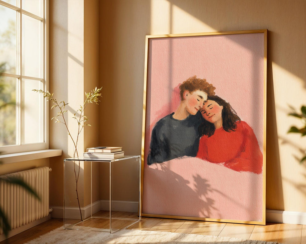 Cuddling Couple Art Print - Romantic Hug Illustration