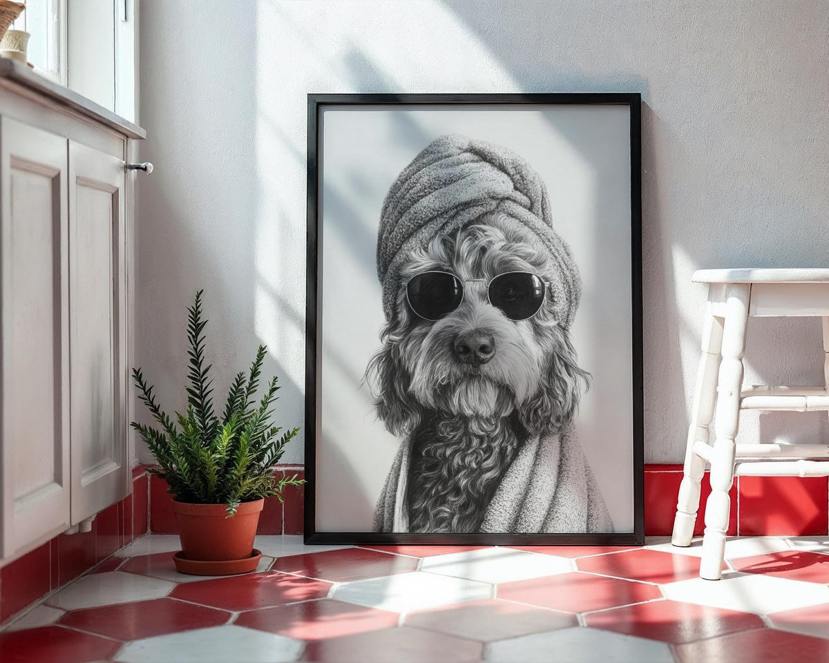Cockapoo Spa Day Print - Funny Dog in Sunglasses Bathroom Wall Art