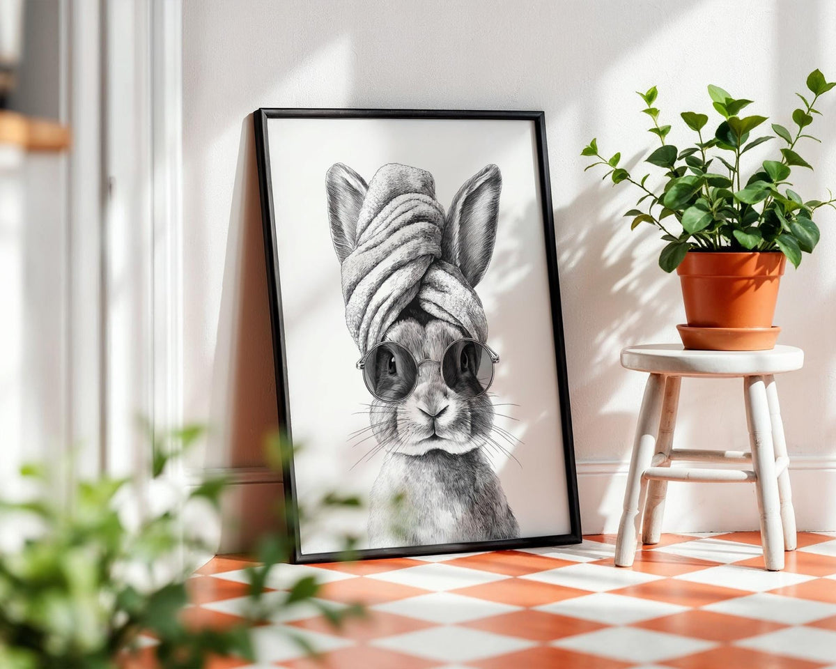 Funny Rabbit in Towel Art Print - Bunny Spa Day Bathroom Wall Art