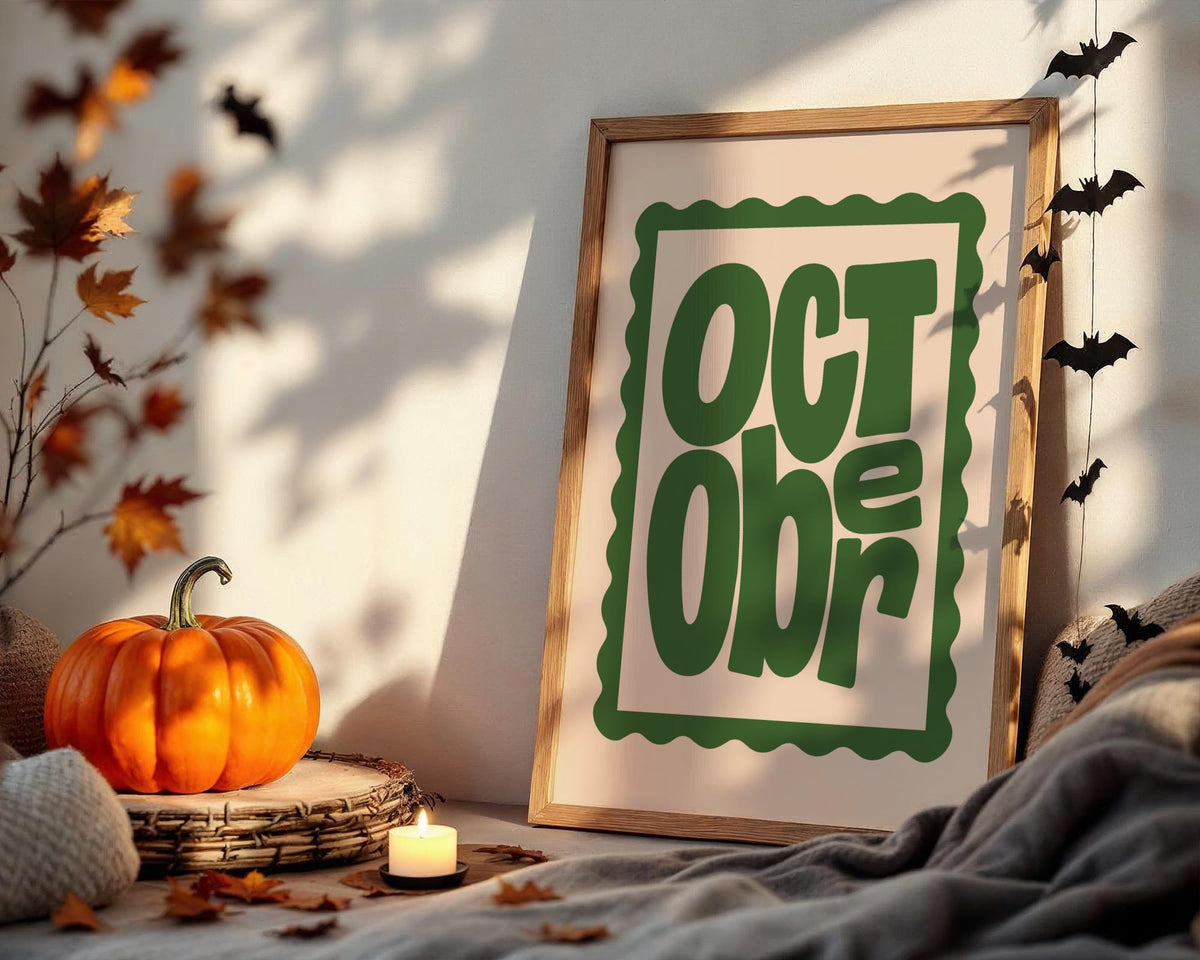 October Wall Art Print - Retro Green Autumn Typography Poster