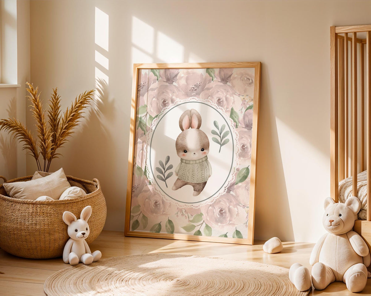Cute Bunny Nursery Print - Vintage Pink Rose Wall Art