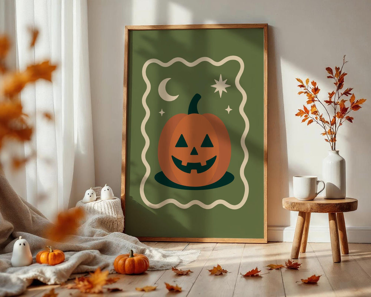 Halloween Pumpkin Print - Retro Jack O'Lantern Wall Art