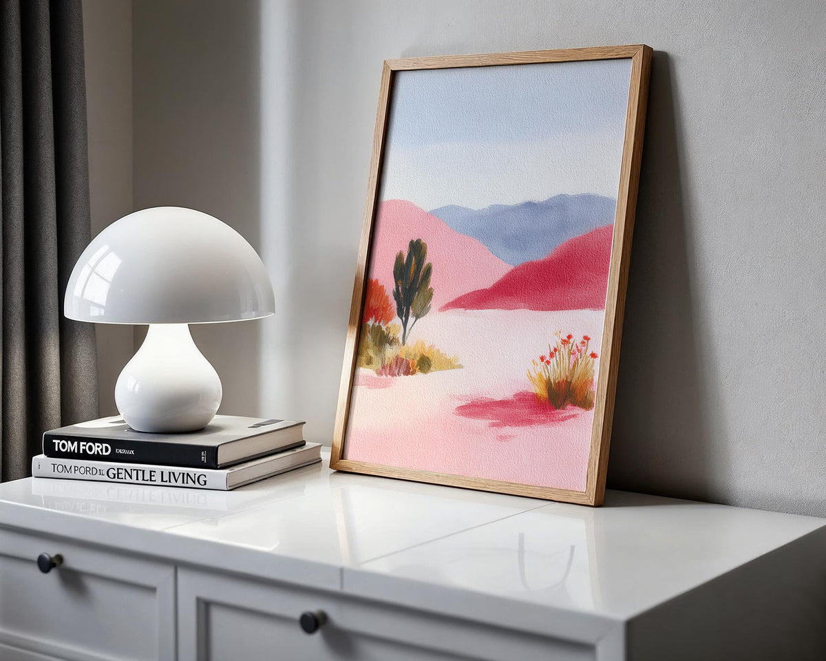 Pink Desert Landscape Art Print - Pastel Mountain Wall Art