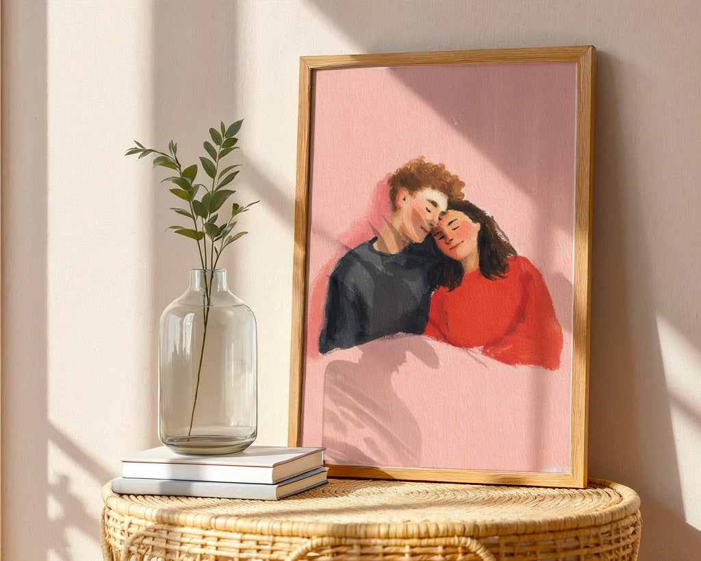 Cuddling Couple Art Print - Romantic Hug Illustration