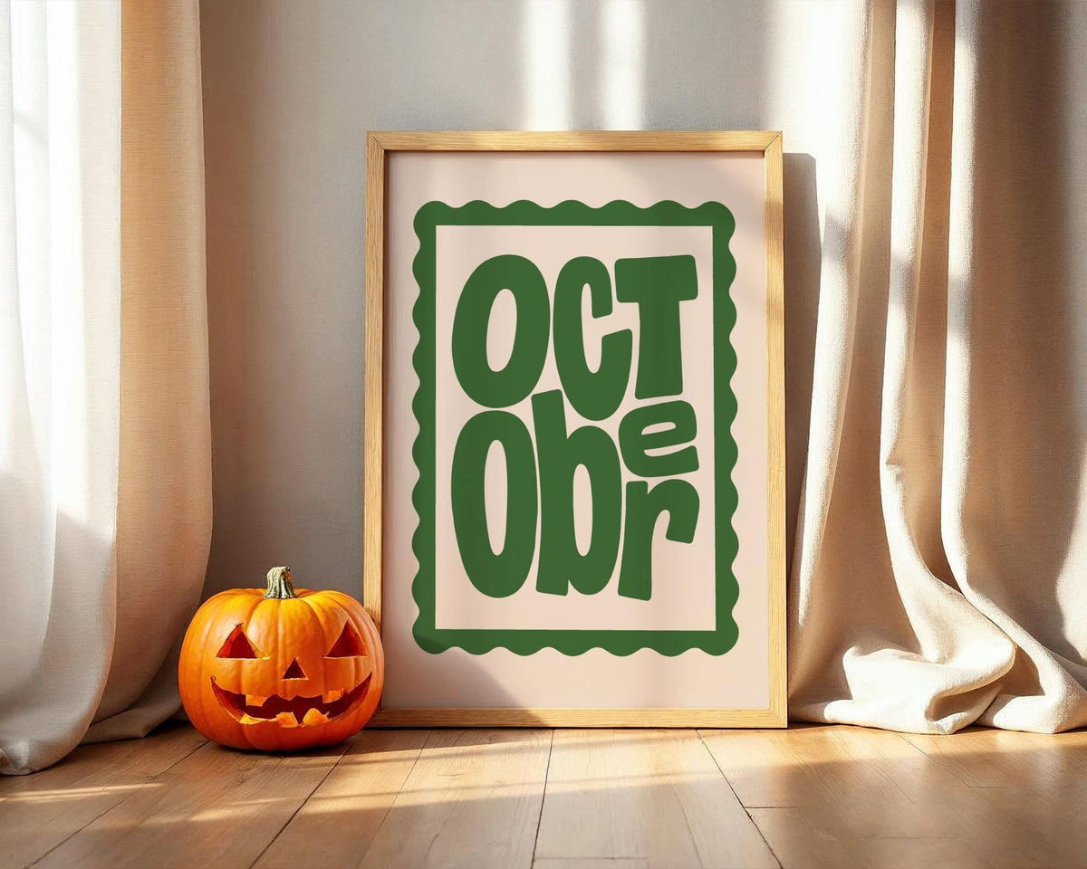 October Wall Art Print - Retro Green Autumn Typography Poster