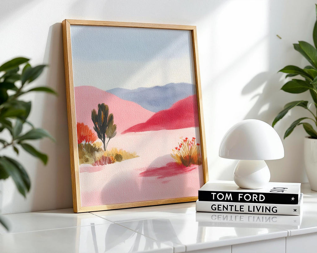 Pink Desert Landscape Art Print - Pastel Mountain Wall Art