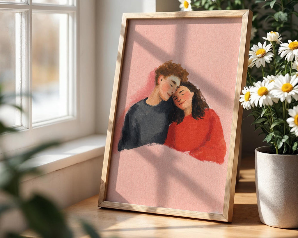 Cuddling Couple Art Print - Romantic Hug Illustration
