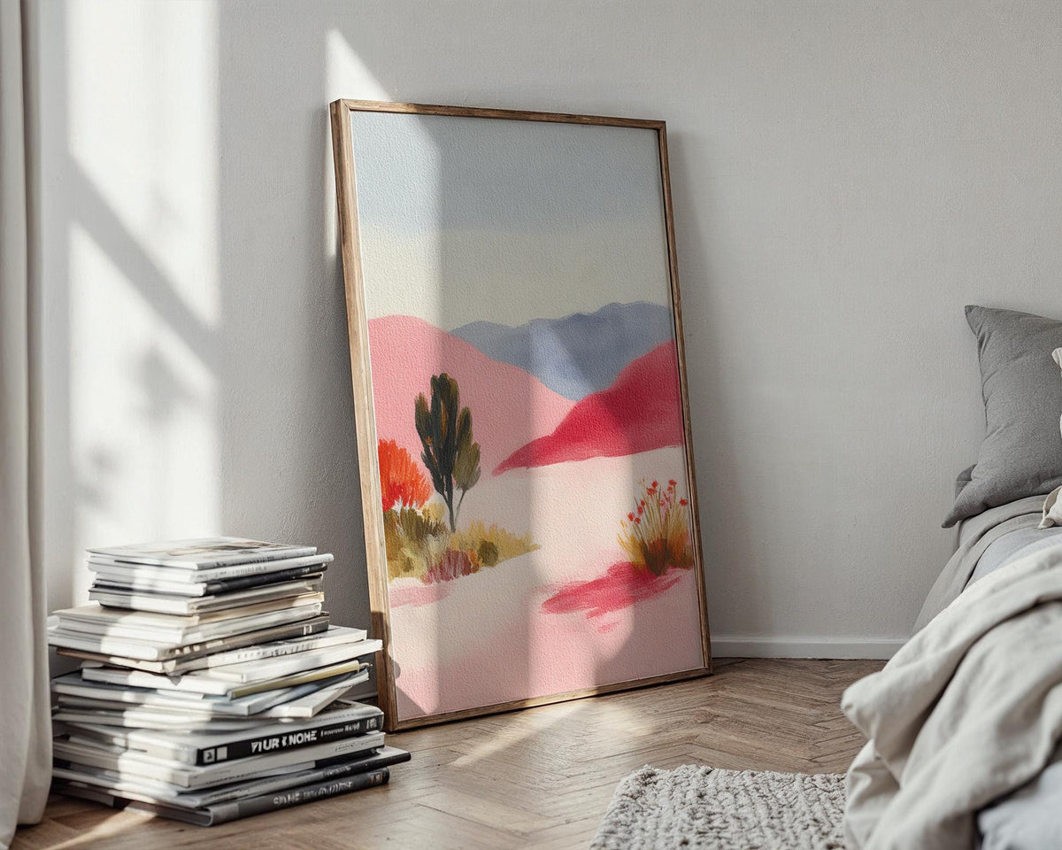 Pink Desert Landscape Art Print - Pastel Mountain Wall Art