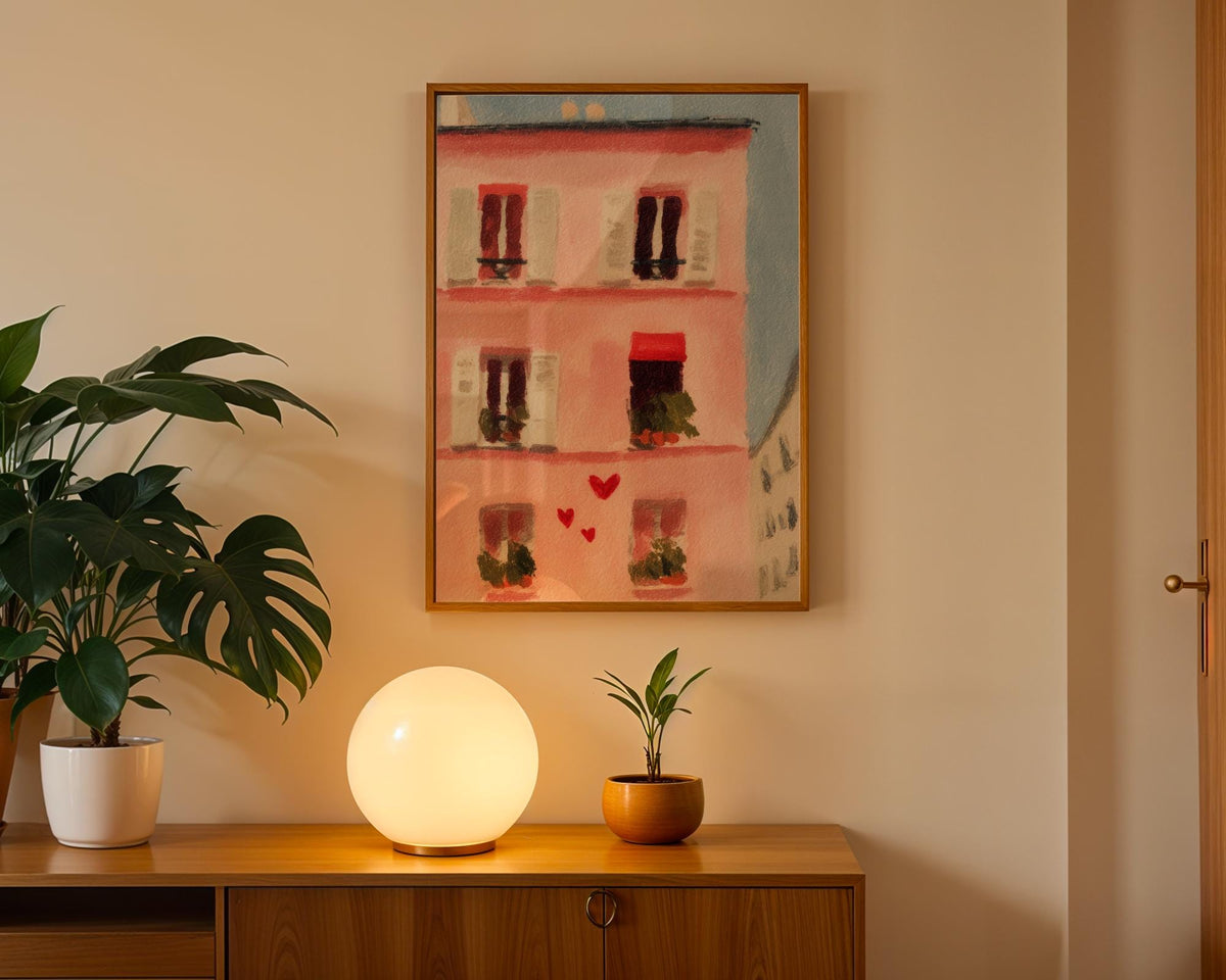 Parisian Apartment Art Print - Romantic Pink French Building Wall Art