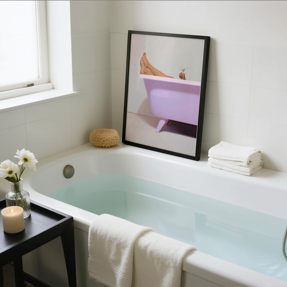 Pink Bathtub Art Print - Retro Martini & High Heels Bathroom Wall Art