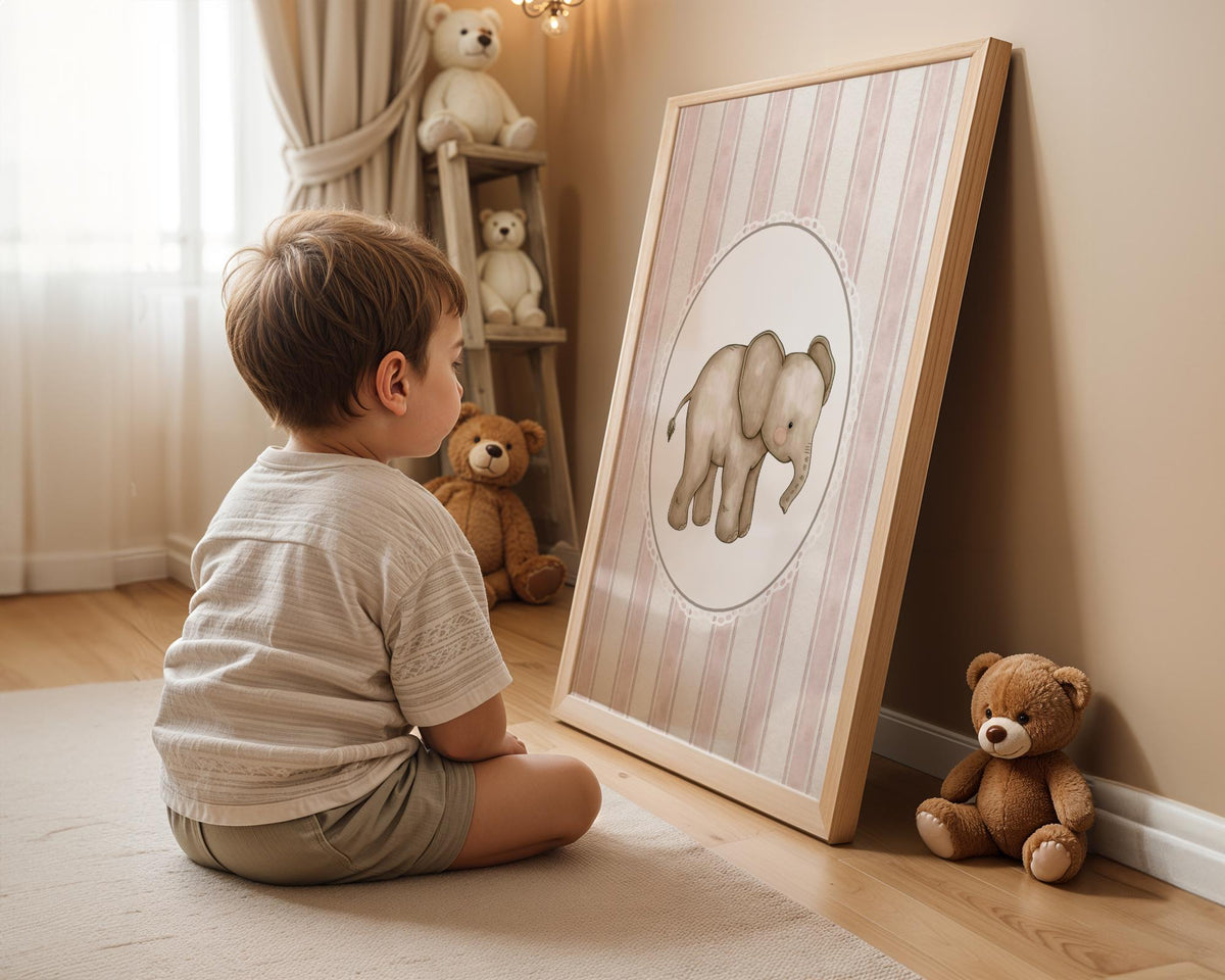 Elephant Nursery Print - Vintage Pink Stripe