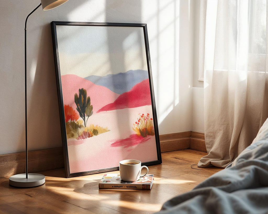 Pink Desert Landscape Art Print - Pastel Mountain Wall Art