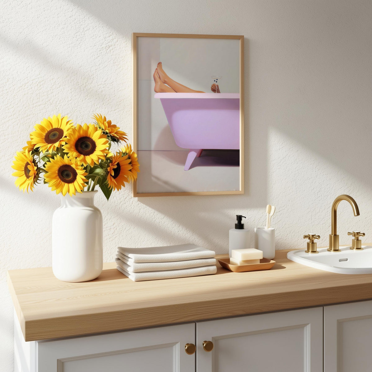 Pink Bathtub Art Print - Retro Martini & High Heels Bathroom Wall Art