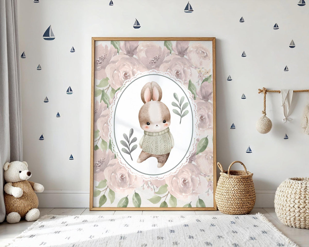 Cute Bunny Nursery Print - Vintage Pink Rose Wall Art