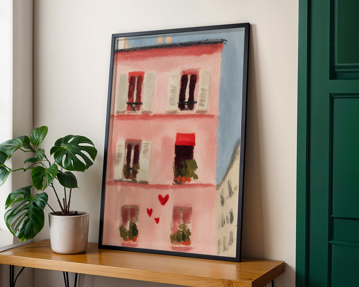 Parisian Apartment Art Print - Romantic Pink French Building Wall Art