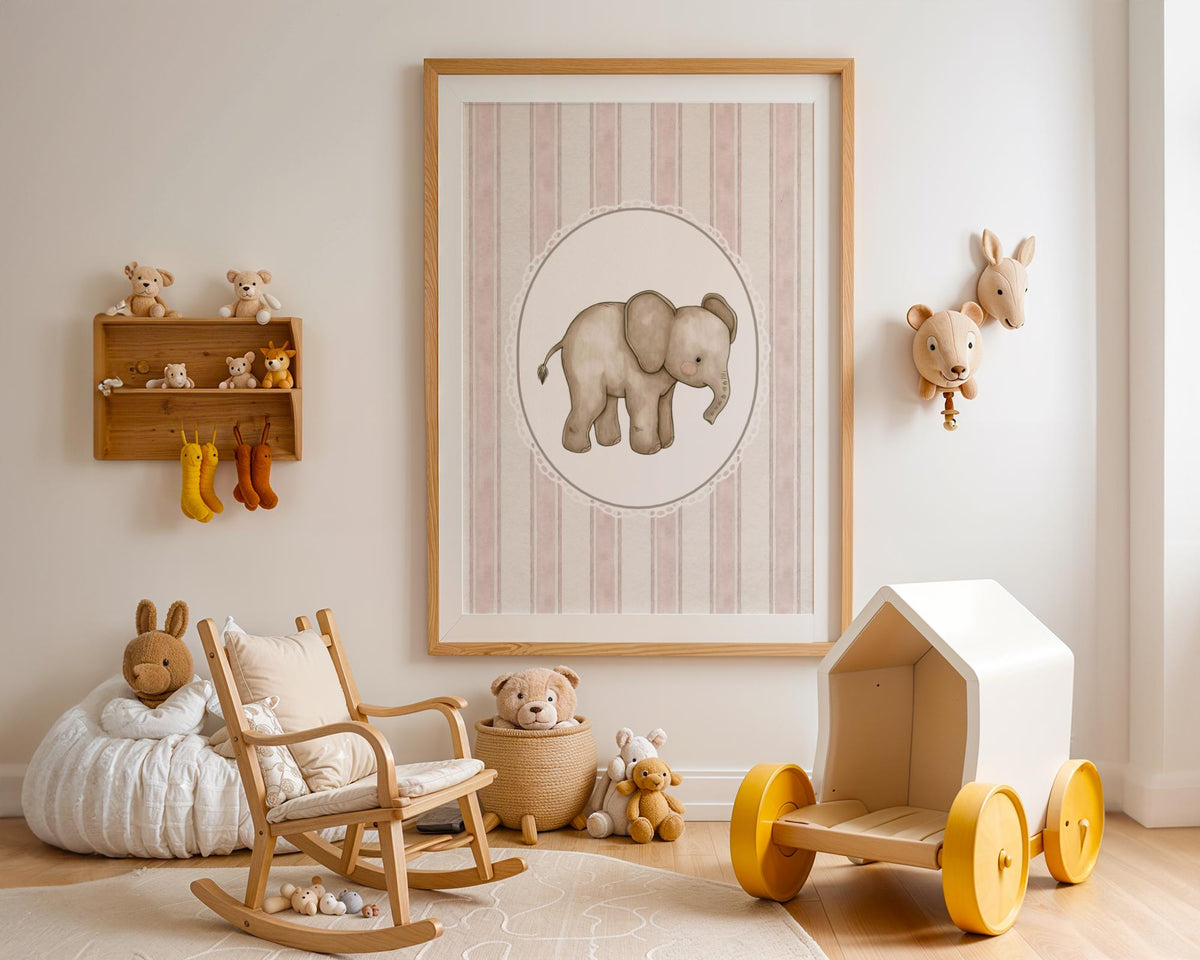 Elephant Nursery Print - Vintage Pink Stripe