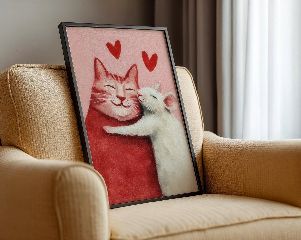 Cat and Mouse Love Art Print - Cute Romantic Animal Wall Art