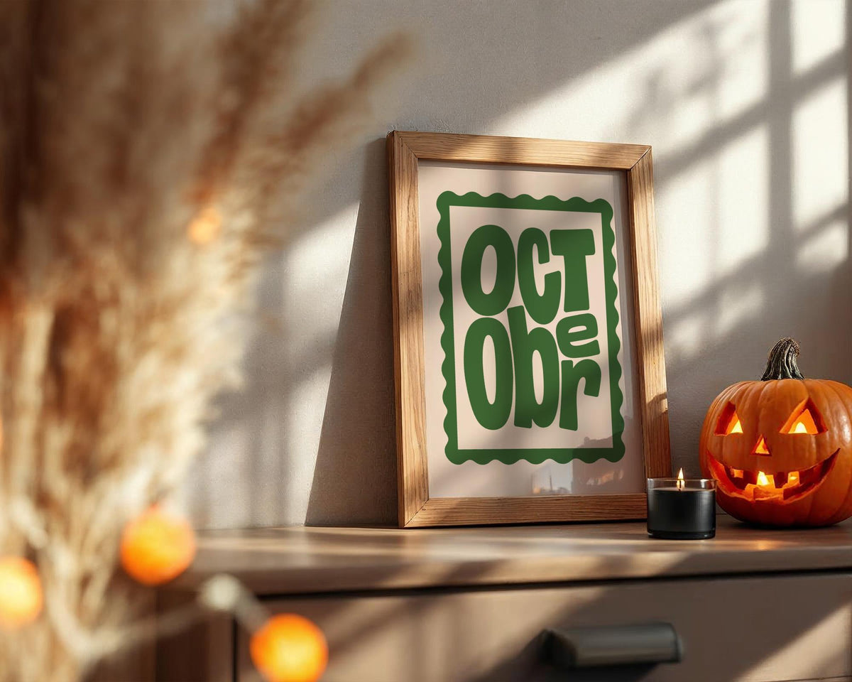October Wall Art Print - Retro Green Autumn Typography Poster
