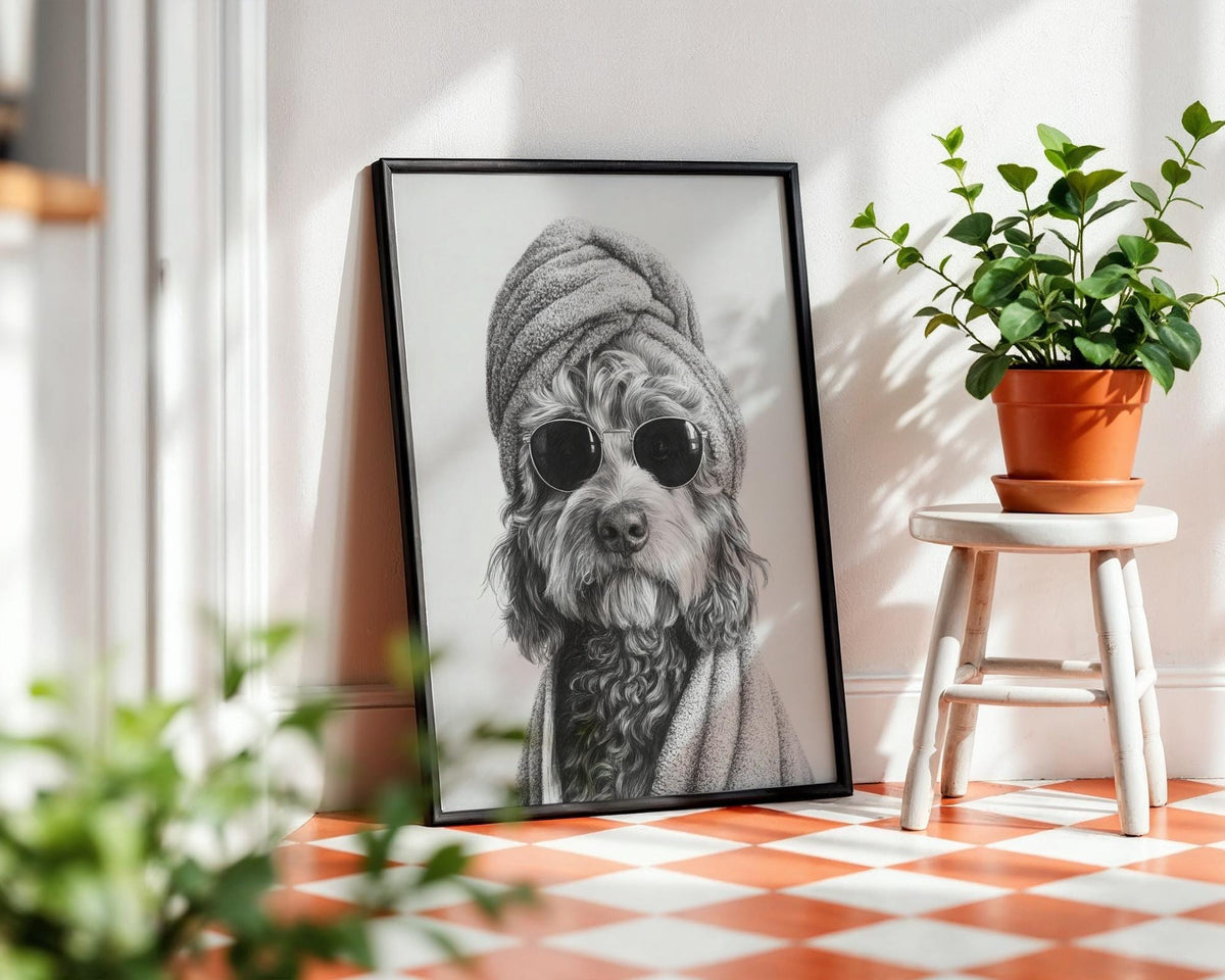 Cockapoo Spa Day Print - Funny Dog in Sunglasses Bathroom Wall Art