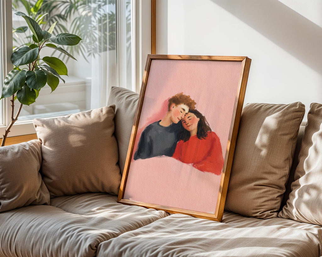 Cuddling Couple Art Print - Romantic Hug Illustration