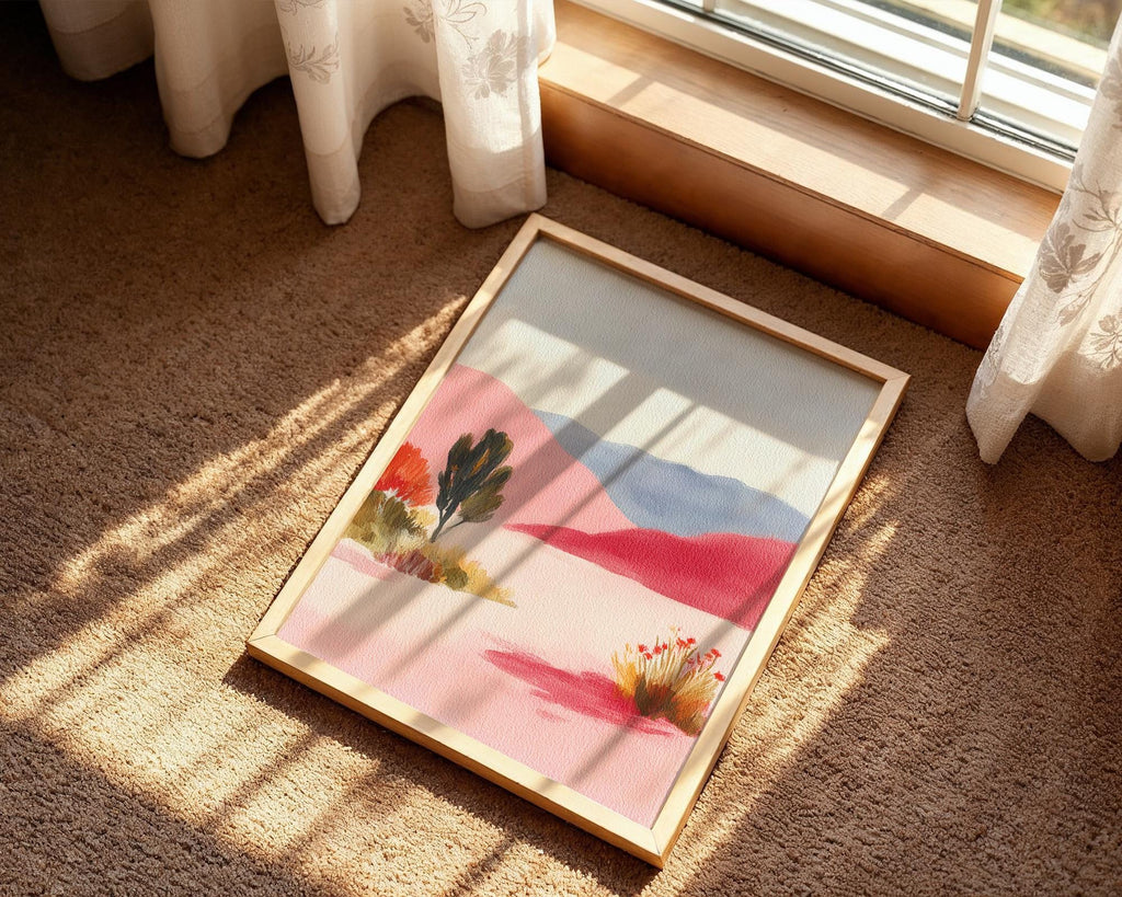 Pink Desert Landscape Art Print - Pastel Mountain Wall Art