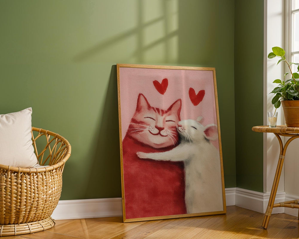 Cat and Mouse Love Art Print - Cute Romantic Animal Wall Art