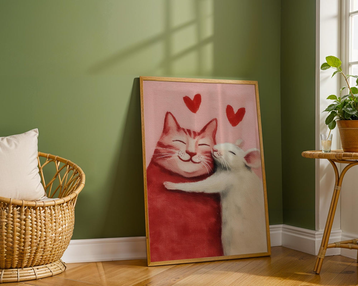 Cat and Mouse Love Art Print - Cute Romantic Animal Wall Art
