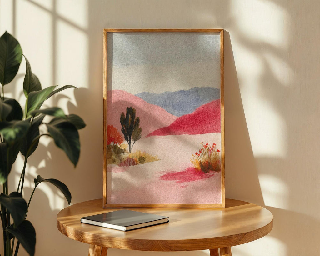 Pink Desert Landscape Art Print - Pastel Mountain Wall Art