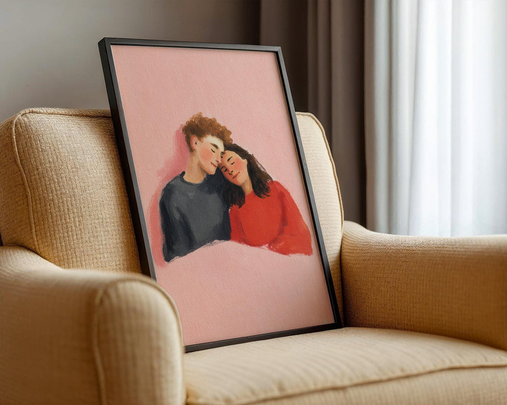 Cuddling Couple Art Print - Romantic Hug Illustration