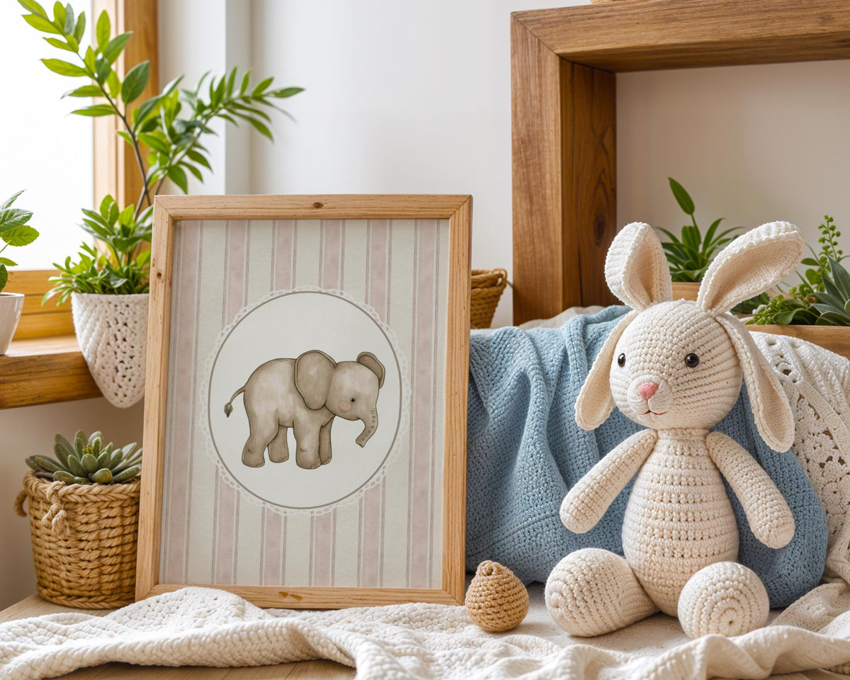 Elephant Nursery Print - Vintage Pink Stripe