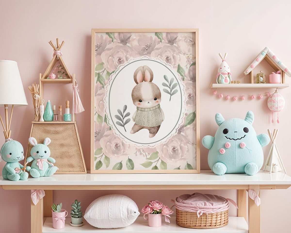Cute Bunny Nursery Print - Vintage Pink Rose Wall Art