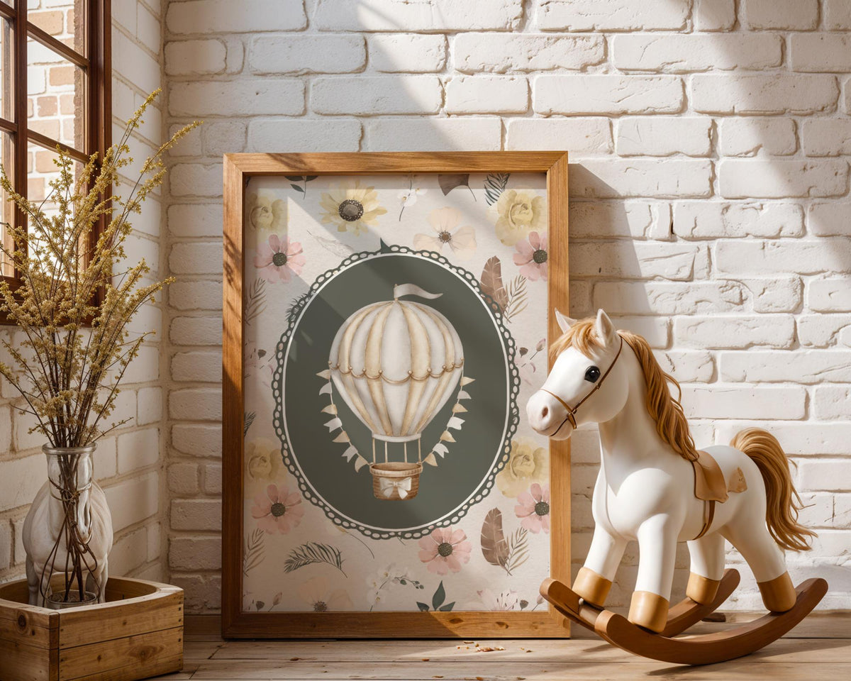 Hot Air Balloon Nursery Print - Vintage Wildflower Wall Art