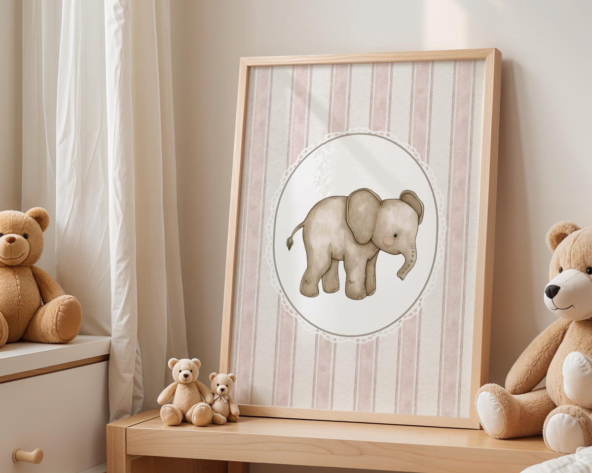 Elephant Nursery Print - Vintage Pink Stripe