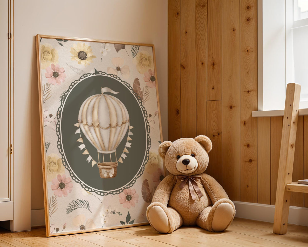 Hot Air Balloon Nursery Print - Vintage Wildflower Wall Art