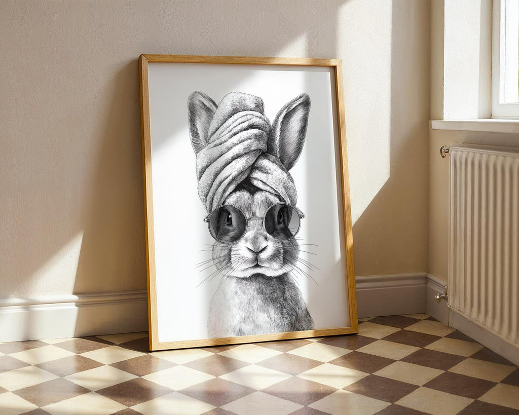Funny Rabbit in Towel Art Print - Bunny Spa Day Bathroom Wall Art