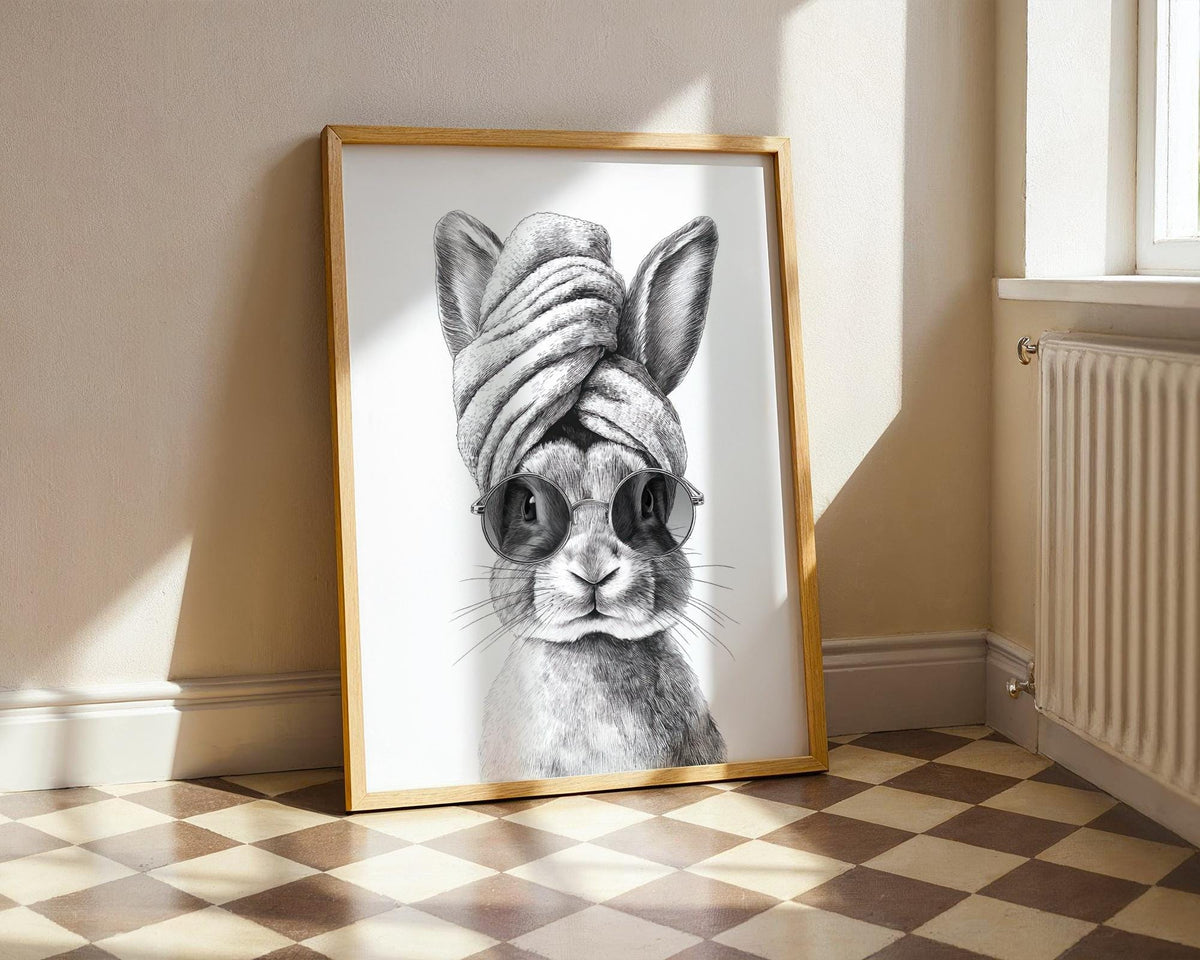 Funny Rabbit in Towel Art Print - Bunny Spa Day Bathroom Wall Art