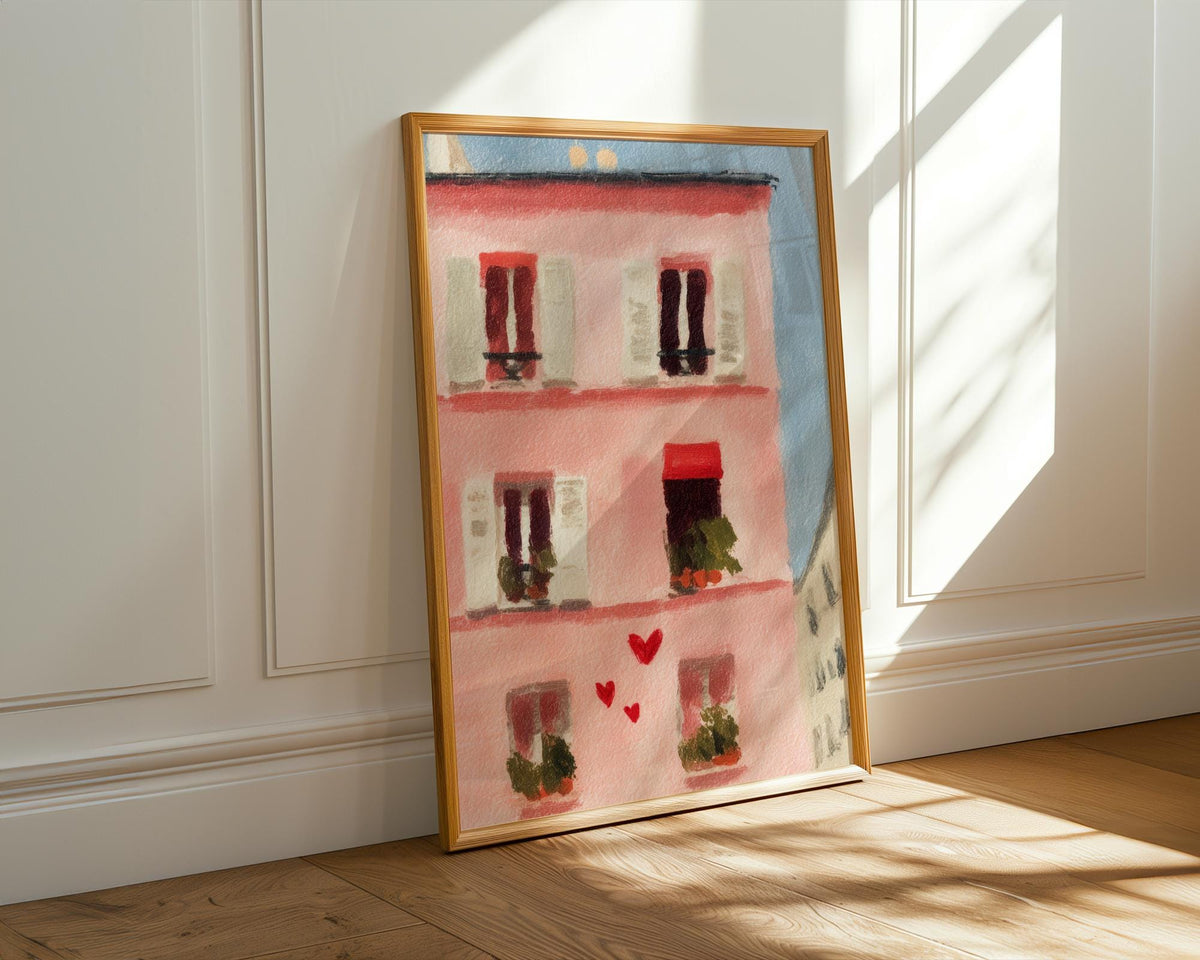 Parisian Apartment Art Print - Romantic Pink French Building Wall Art