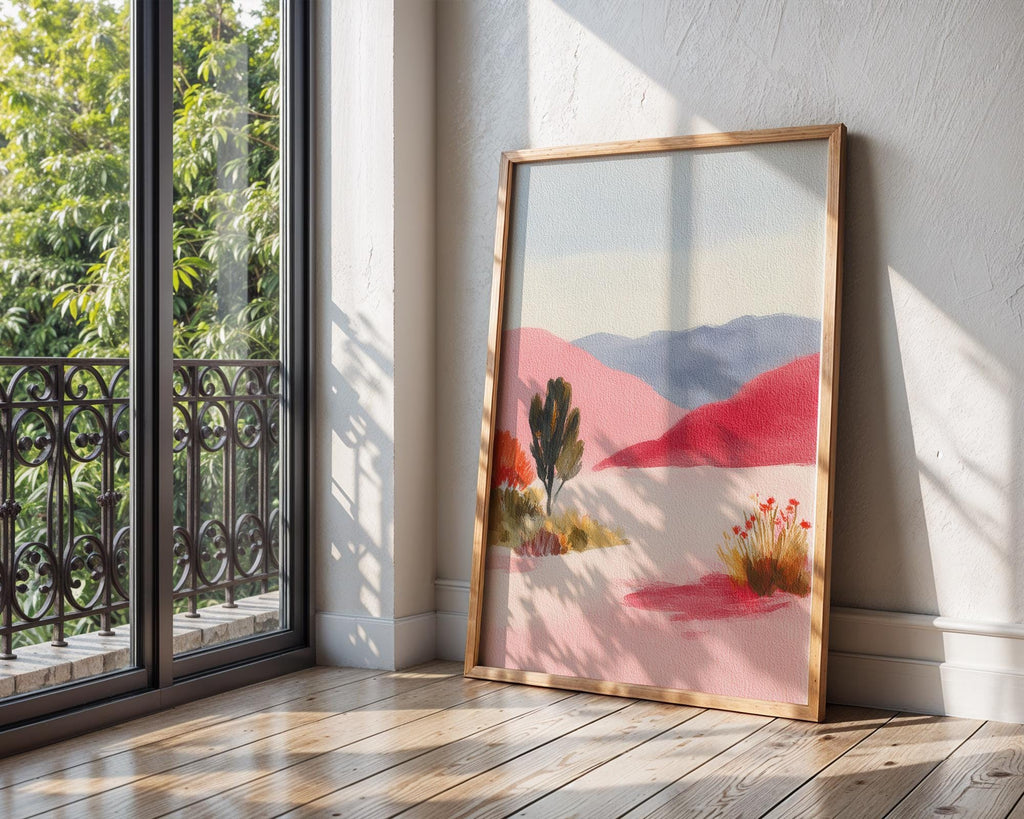 Pink Desert Landscape Art Print - Pastel Mountain Wall Art