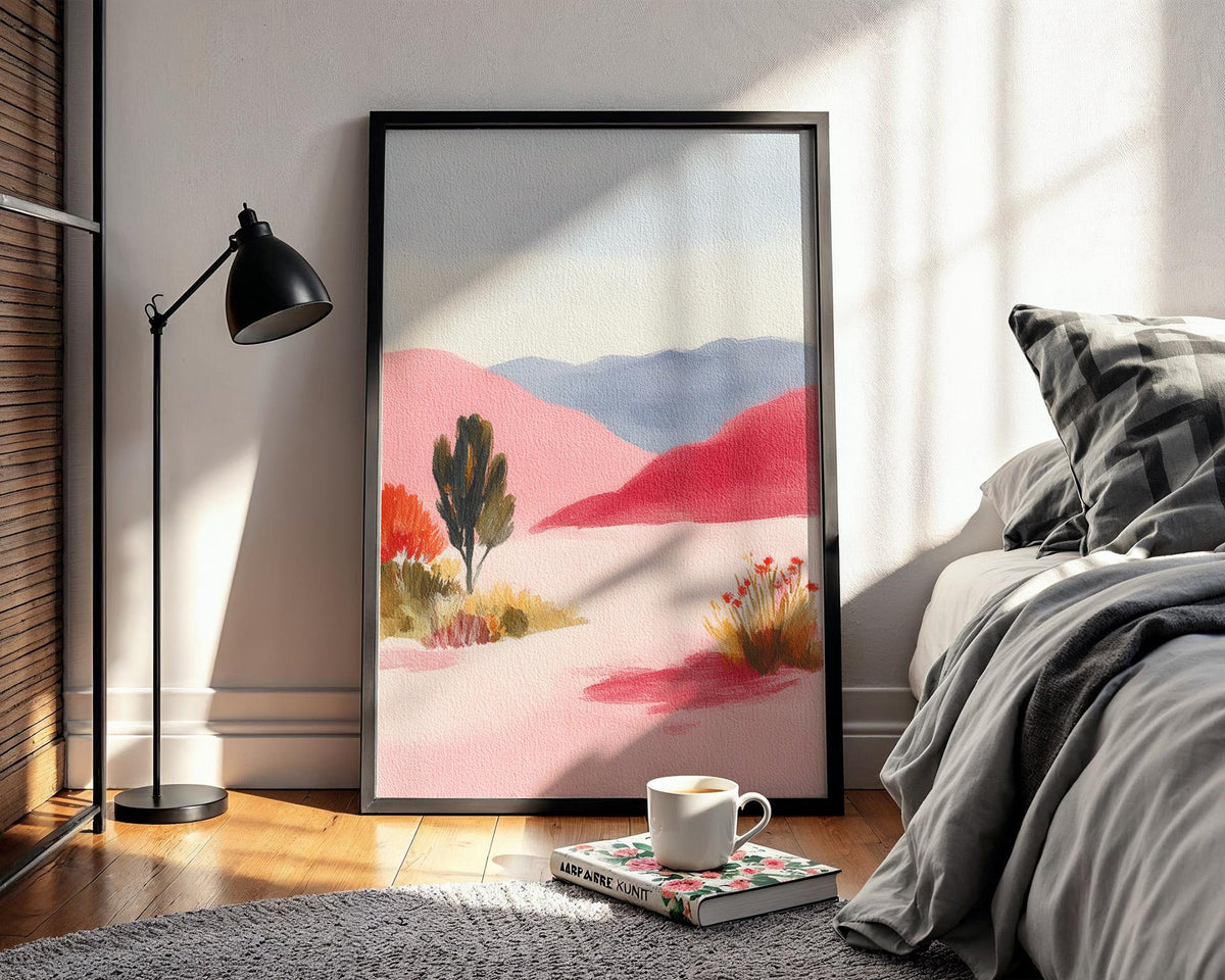 Pink Desert Landscape Art Print - Pastel Mountain Wall Art