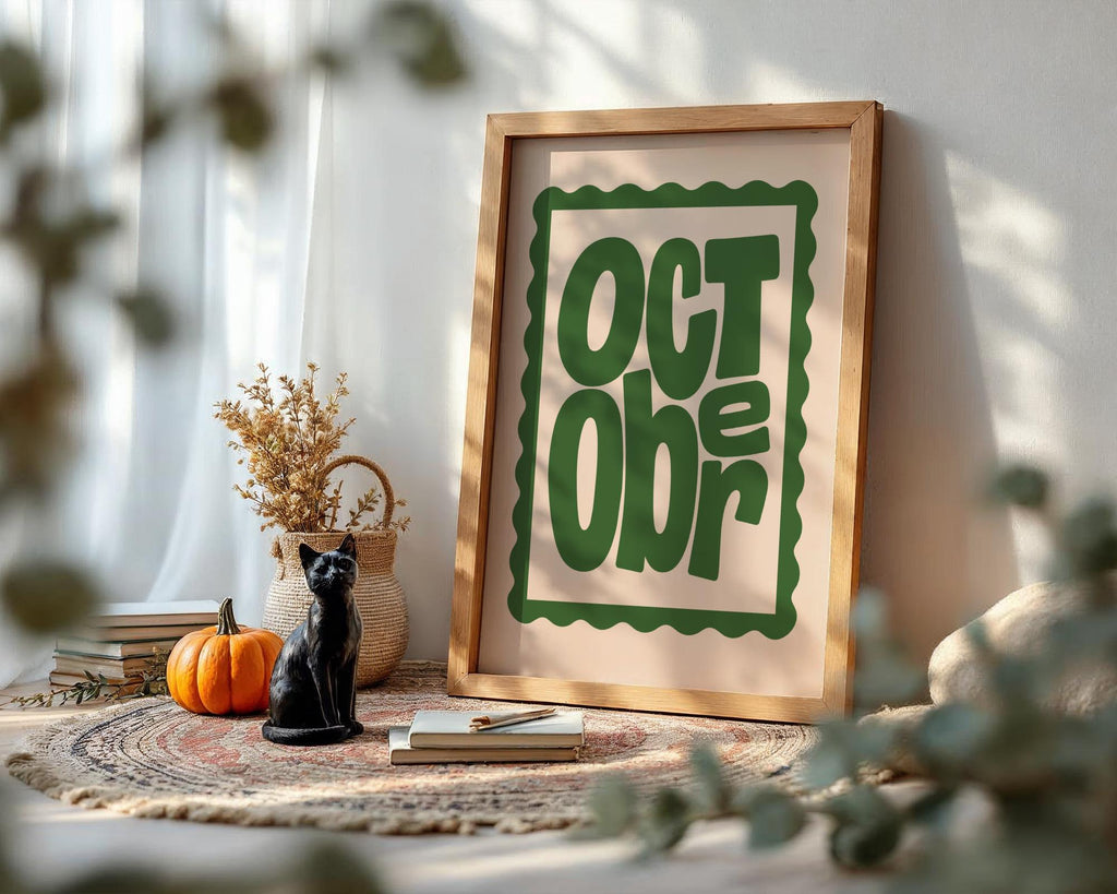 October Wall Art Print - Retro Green Autumn Typography Poster