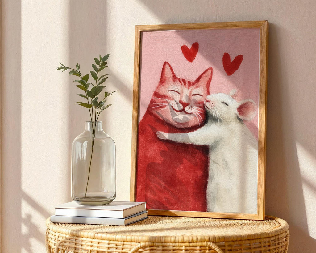 Cat and Mouse Love Art Print - Cute Romantic Animal Wall Art