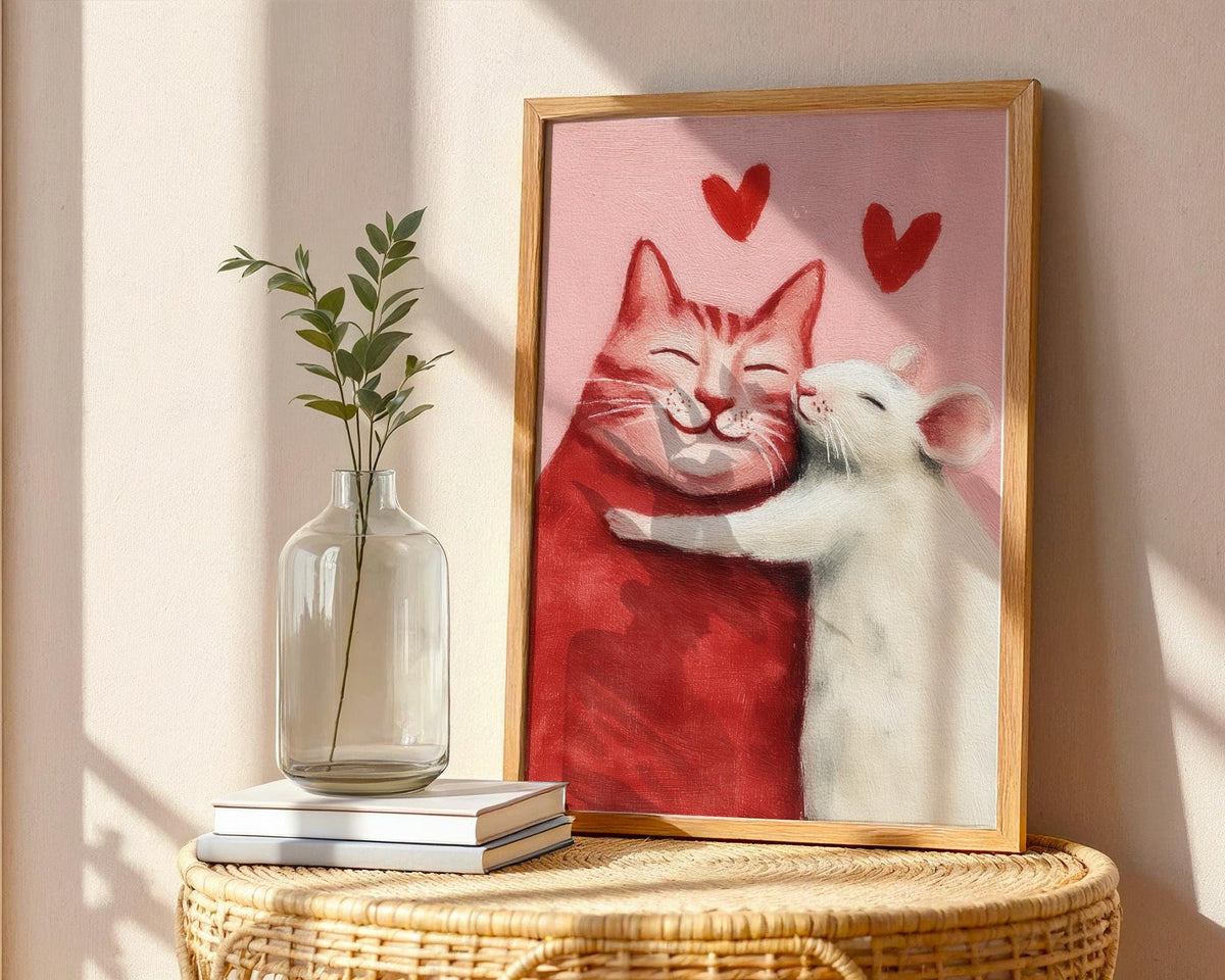 Cat and Mouse Love Art Print - Cute Romantic Animal Wall Art