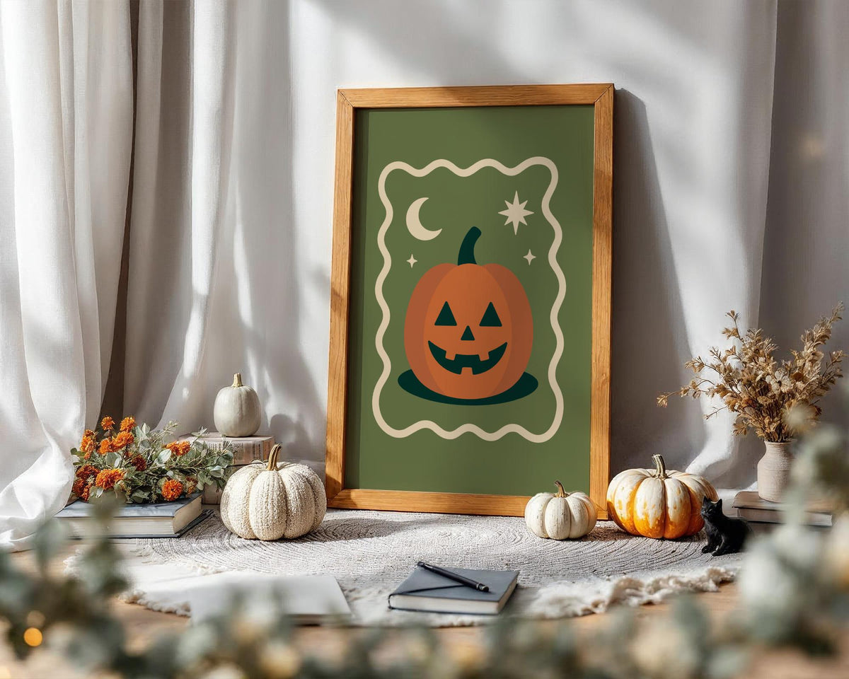 Halloween Pumpkin Print - Retro Jack O'Lantern Wall Art