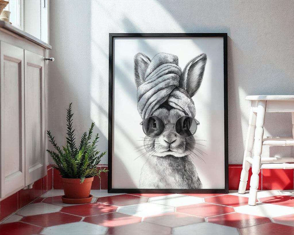 Funny Rabbit in Towel Art Print - Bunny Spa Day Bathroom Wall Art
