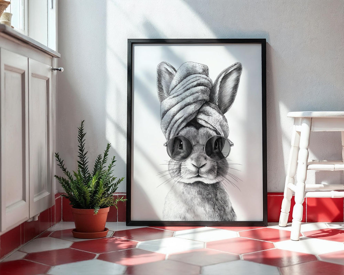 Funny Rabbit in Towel Art Print - Bunny Spa Day Bathroom Wall Art