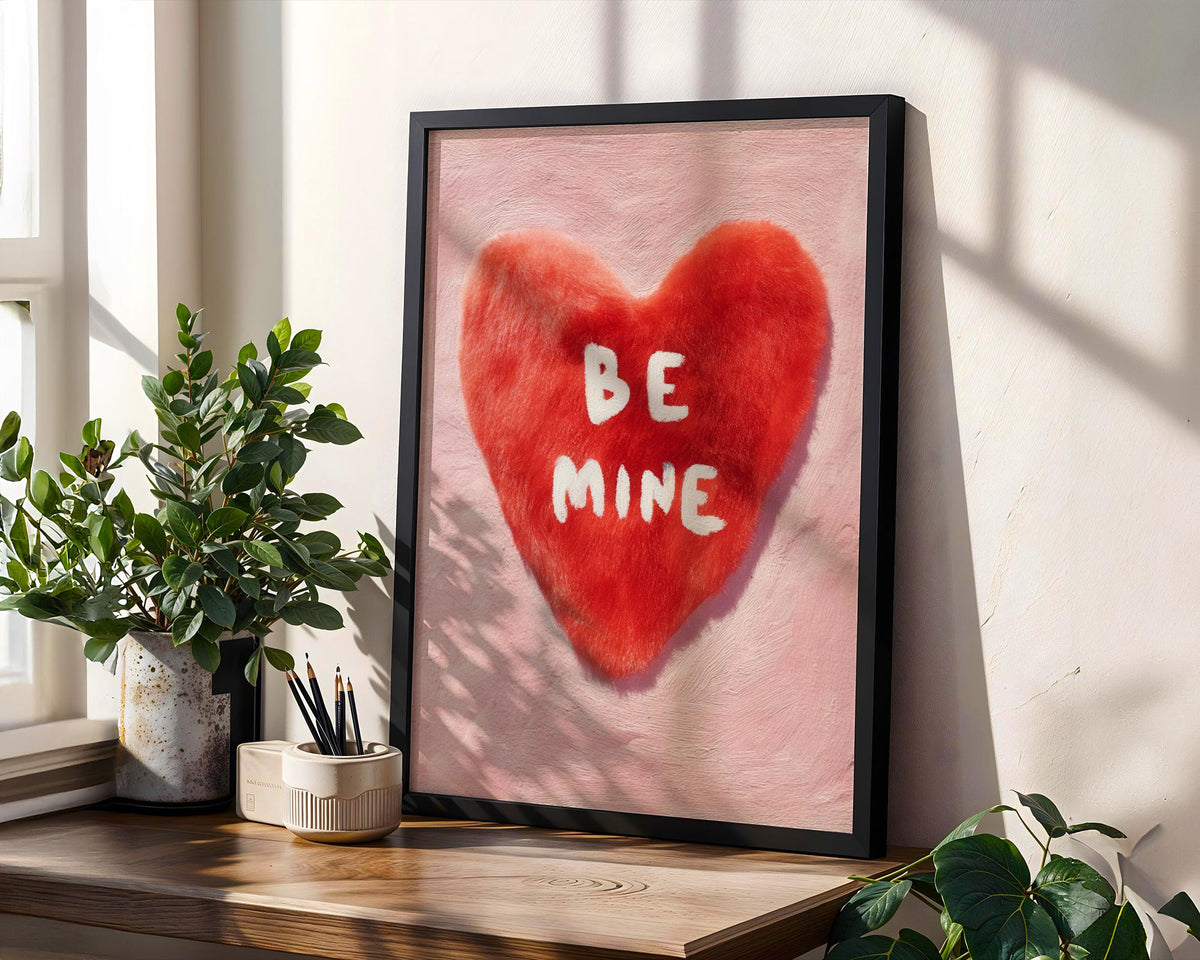 Be Mine Furry Heart Art Print - Romantic Pink Wall Art