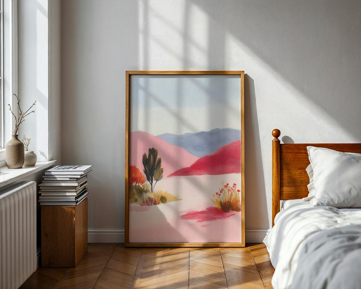 Pink Desert Landscape Art Print - Pastel Mountain Wall Art